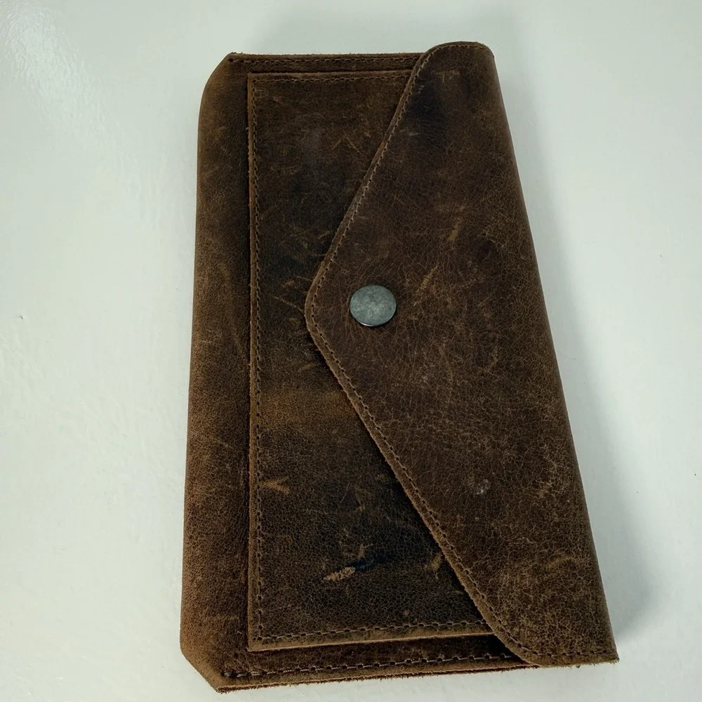 Hide & Drink Full Grain Leather Envelope Wallet Clutch Snap Brown Rustic Pouch